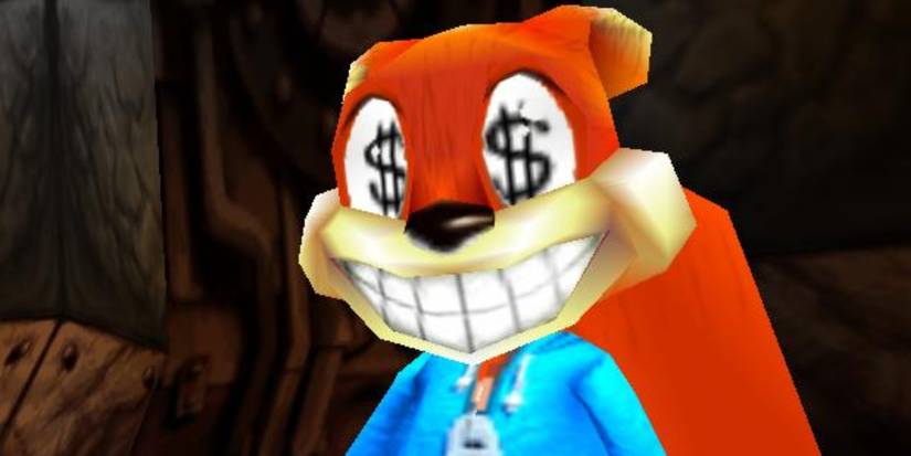 Conker with dollar signs in his eyes