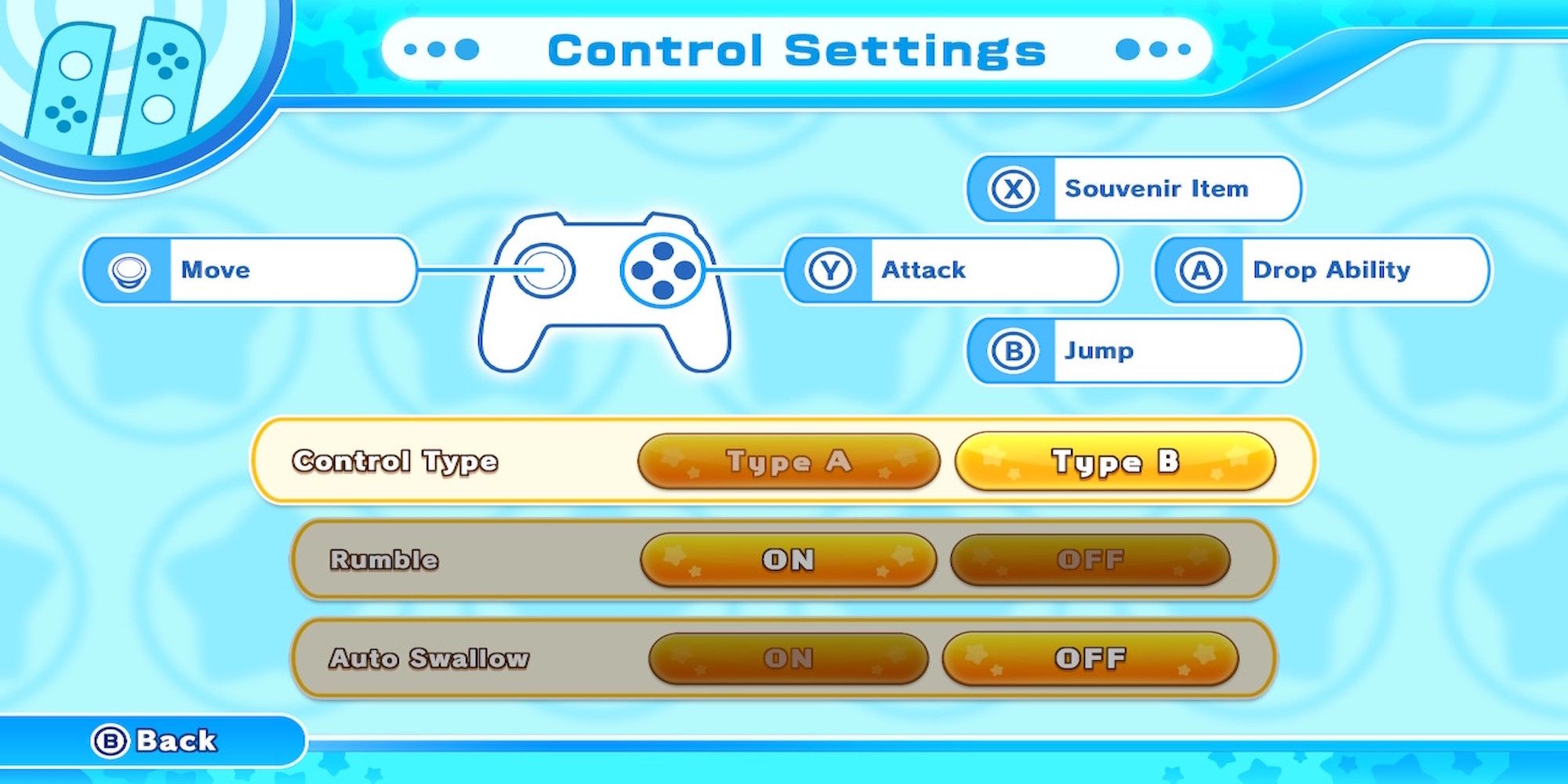 Controller settings in Kirby's Return to Dream Land Deluxe
