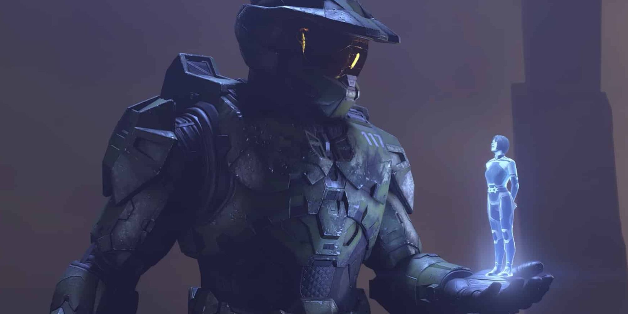 Halo's Master Chief and Cortana, Cortana is projecting from his hand. 