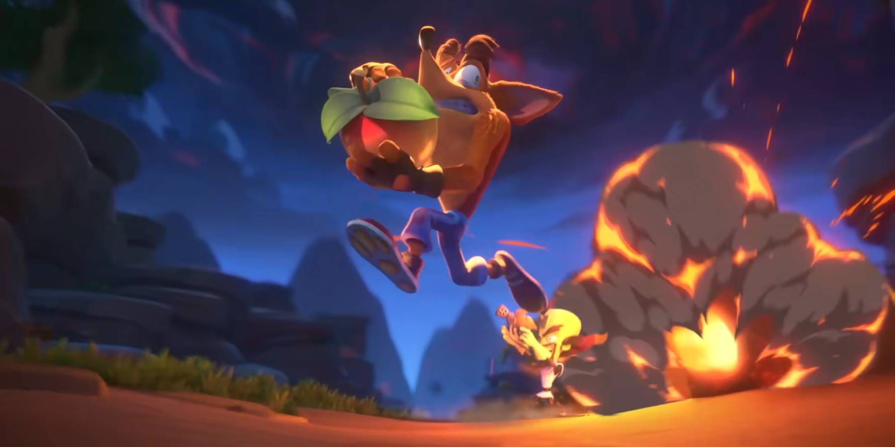 Crash Bandicoot running from an explosion and Dr. Neo Cortex in the trailer for Crash Team Rumble