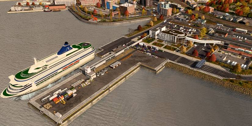 Cruise ship in Cities Skylines at the harbour in a city