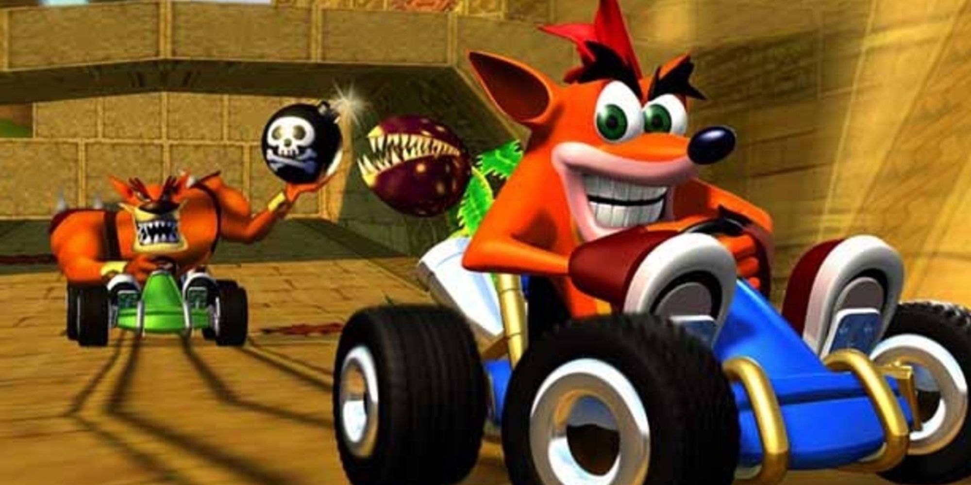 Crash in a kart in front of Tiny Tiger from Crash Team Racing