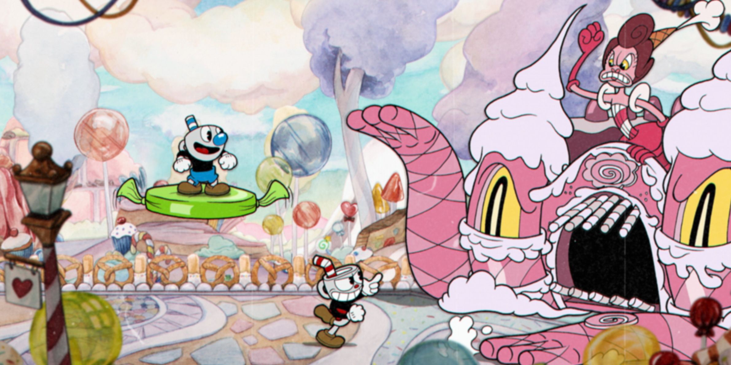 Cuphead and Mugman in front of Baroness Von Bon Bon