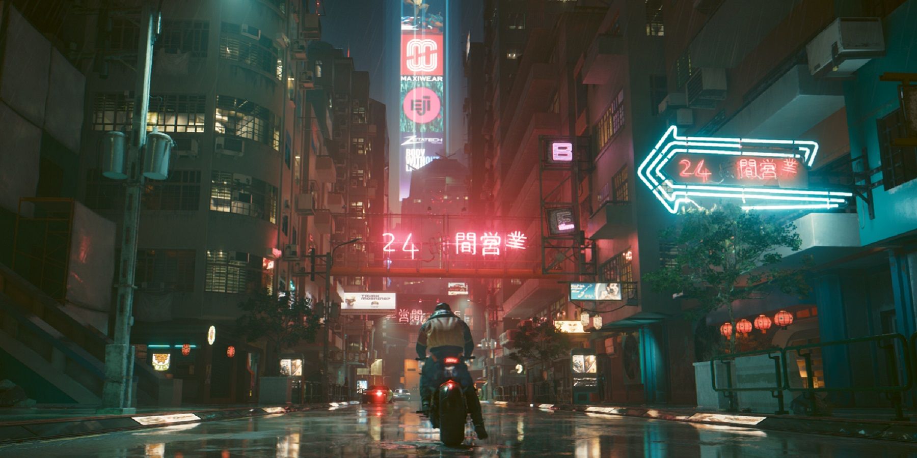 Image from Cyberpunk 2077 showing a motorcyclist in a dark, neon street in Night City.