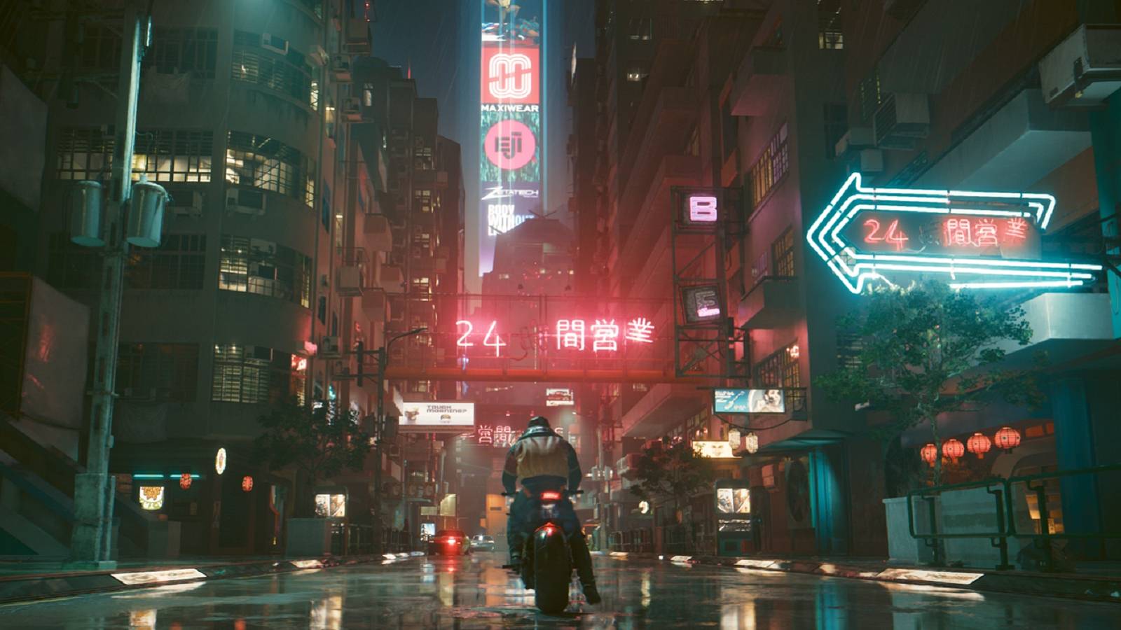 Image from Cyberpunk 2077 showing a motorcyclist in a dark, neon street in Night City.