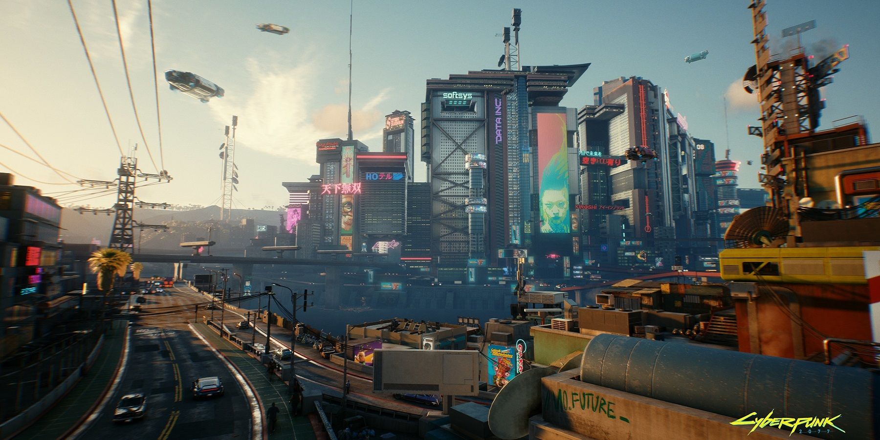 Image from Cyberpunk 2077 showing the more industrial parts of Night City.