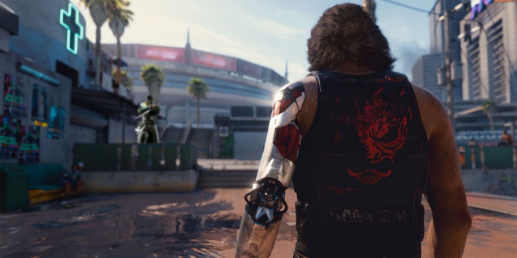 Johnny Silverhand from Cyberpunk 2077 walking towards Dishonored's Corvo in the background.