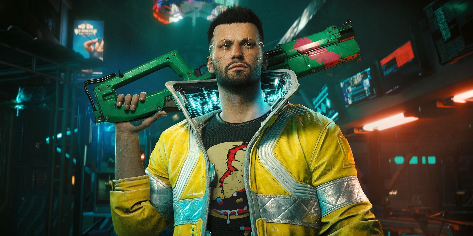 A potential look for the protagonist with a green/pink gun in Cyberpunk 2077