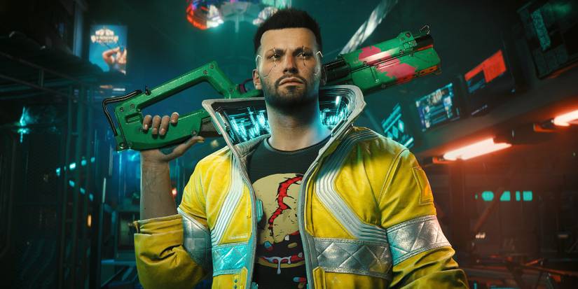 A potential look for the protagonist with a green/pink gun in Cyberpunk 2077