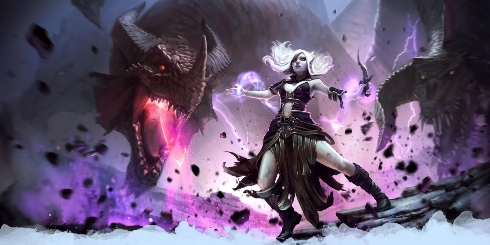A warlock channels an earth-shaking spell as a dragon looms ominously in the background