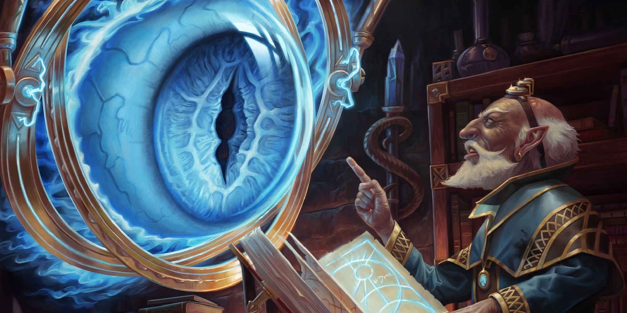 A magic caster is seen using divination magic to contact another plane. 