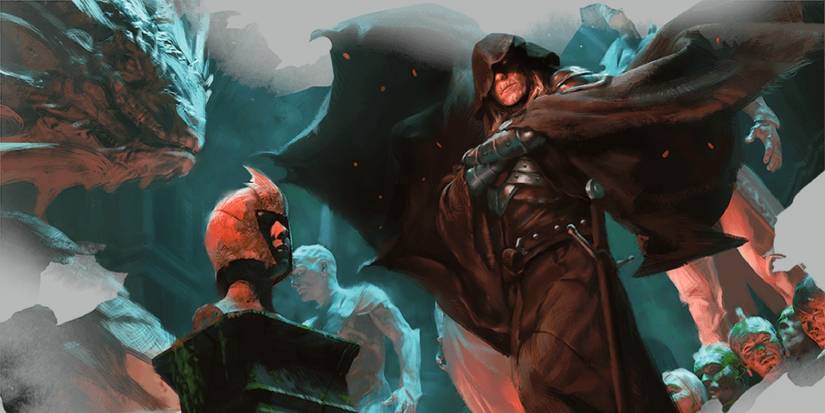 A cloaked figure stands before a decapitated head on a platform, their cloak billowing dramatically. 