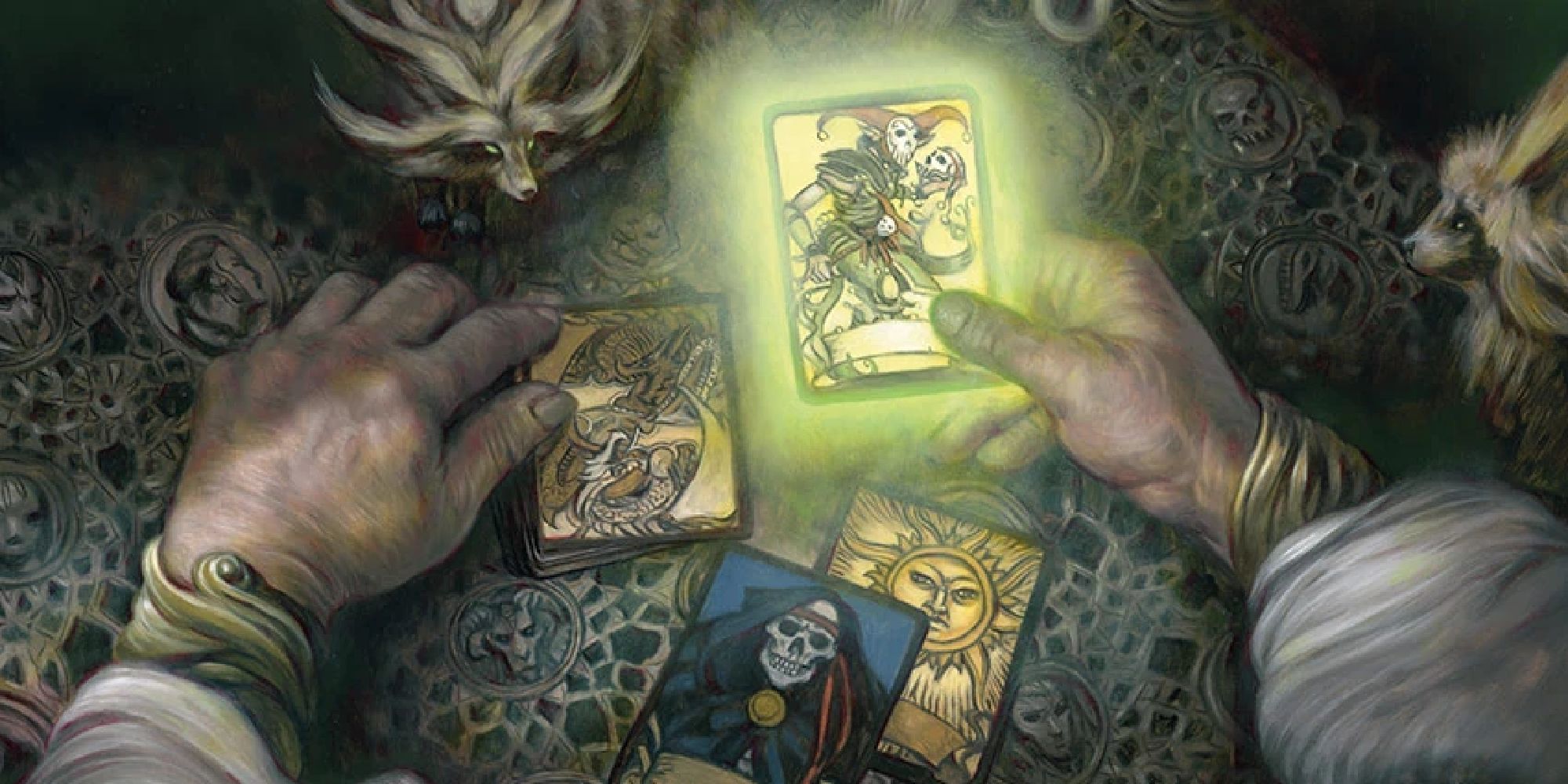 A humanoid pulls out one of the cards from the fabled Deck of Many Things. 