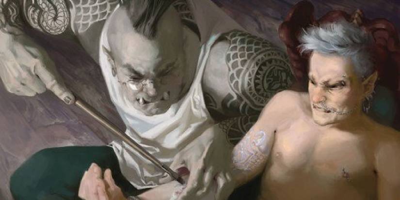 An orc using a long, unwieldly instrument to tattoo someone.