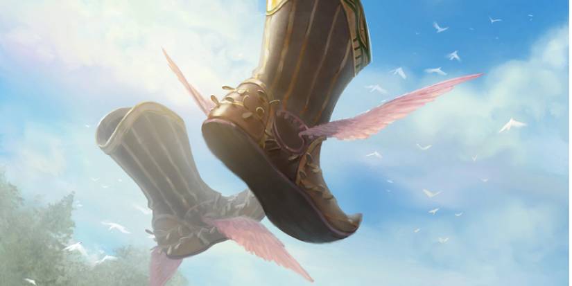 A pair of winged boots flying through the sky autonomously.