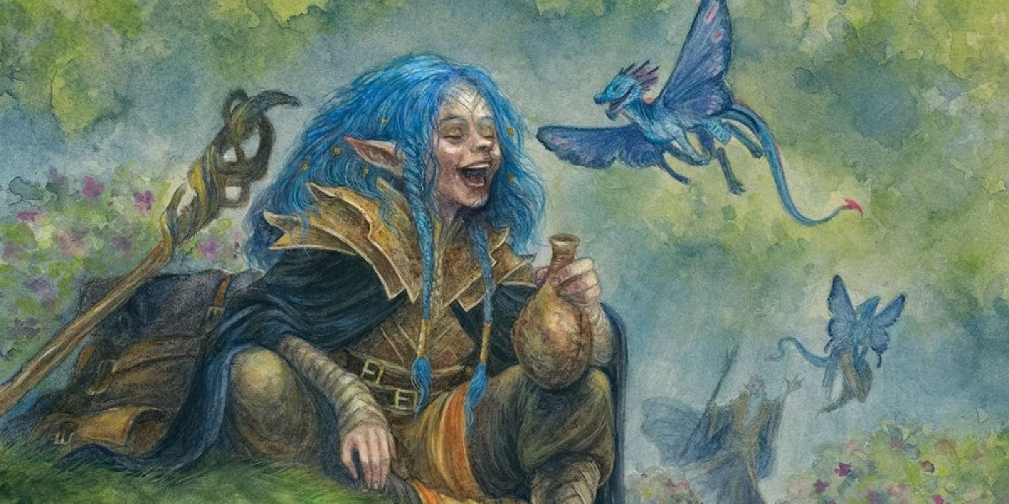 A fey sharing laughs with some pseudodragons