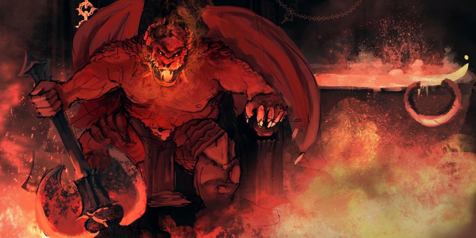 A powerful Pit Fiend seated on his hellish throne in an infernal background.