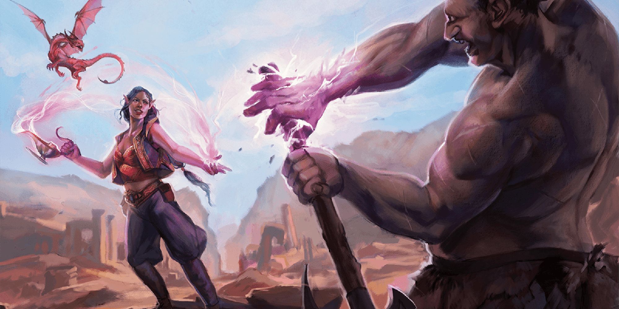 A genie warlock dealing damage to a weapon wielding barbarian. 
