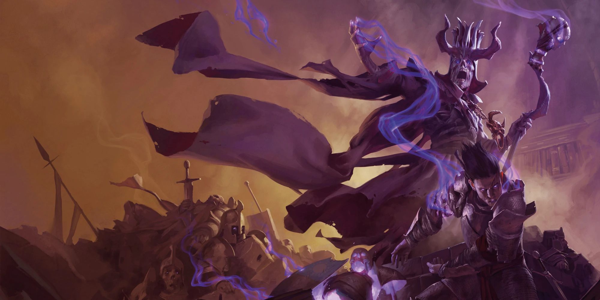 The demilich Acererak stands on a mountain of corpses as he channels purple energy through his hands and gnarled staff. 
