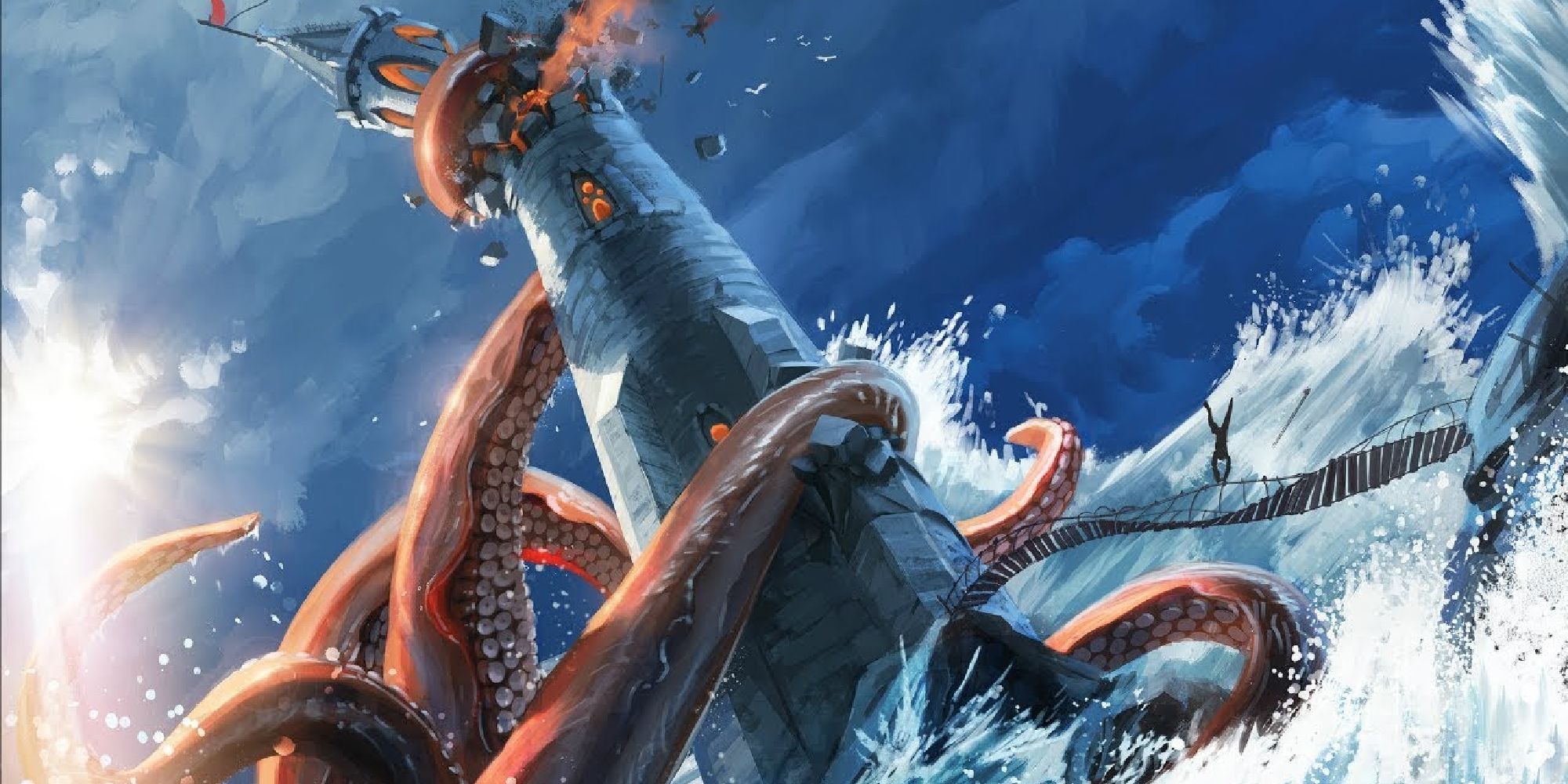 A kraken destroys a tall tower, creating a huge tidal wave of water.