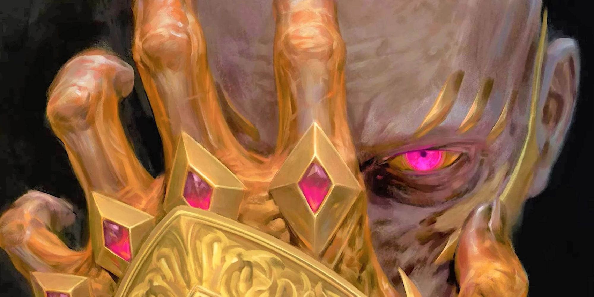 A close-up of Vecna covering half of his face with a gold and gem gauntlet. 