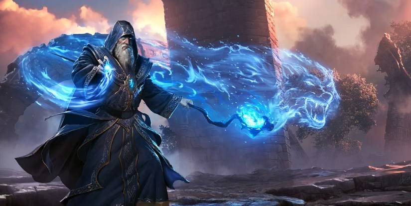 An elderly wizard surrounded by blue flames as he casts a powerful spell. 