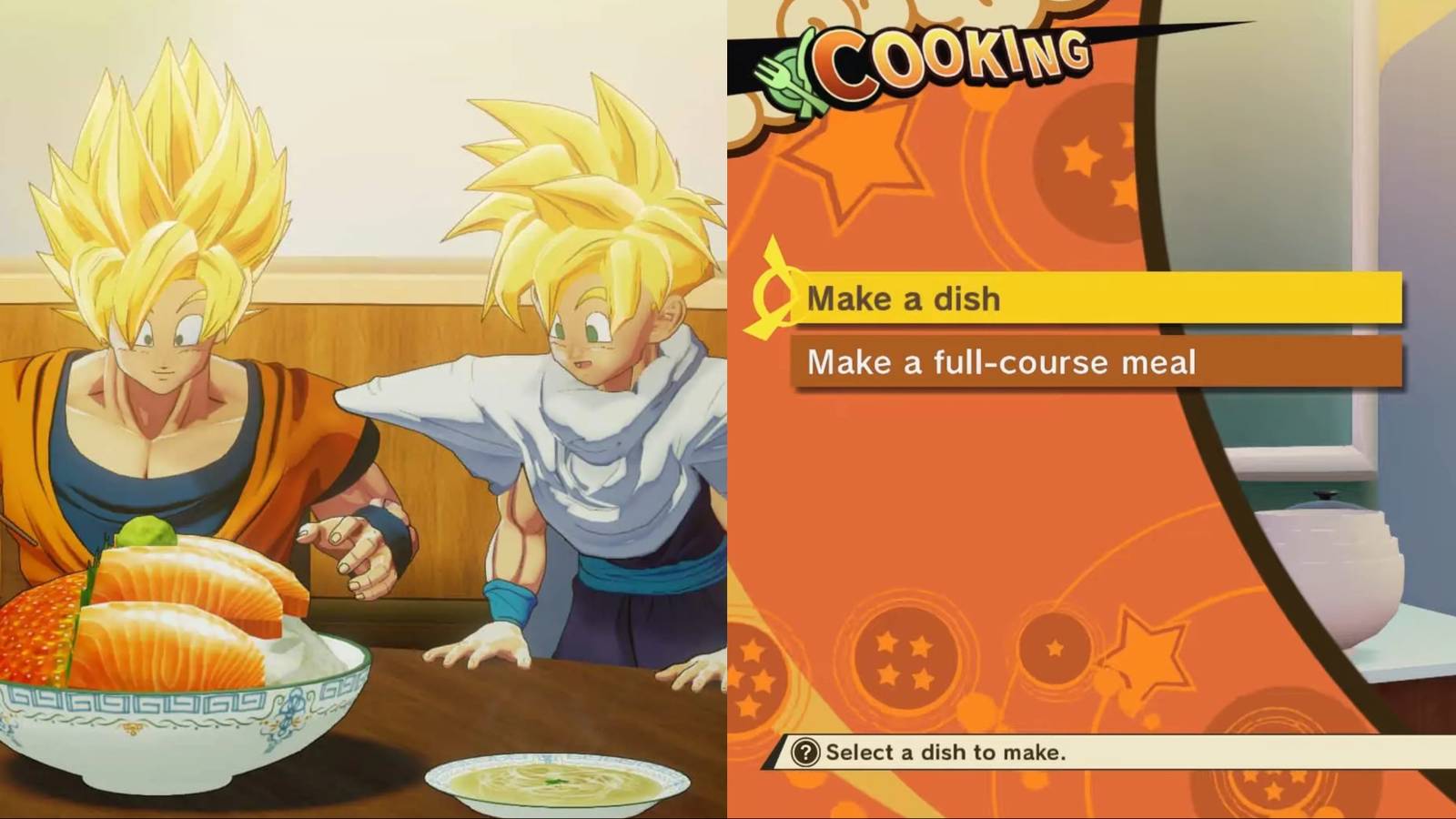 Dragon Ball Z Kakarot Goku and Gohan having a dish