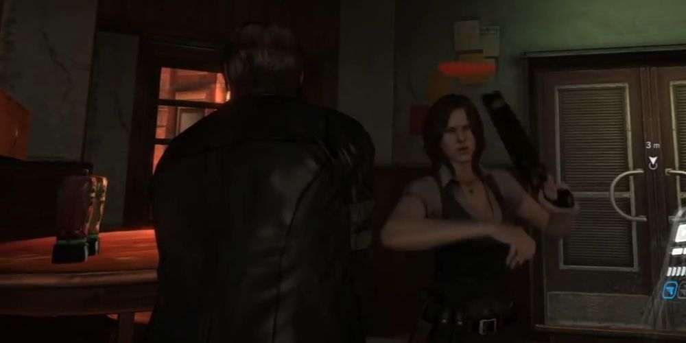 Leon (left) in a leather jacket and Helena (right) rapidly switching weapons. Image source: Silver Mont on YouTube
