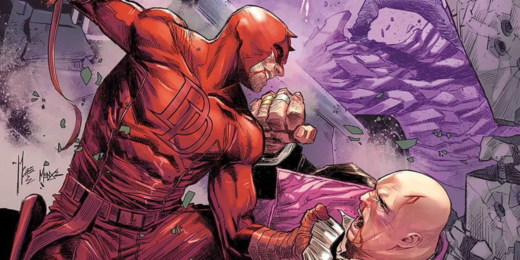 Daredevil Born Again punching Kingpin in Marvel comic book
