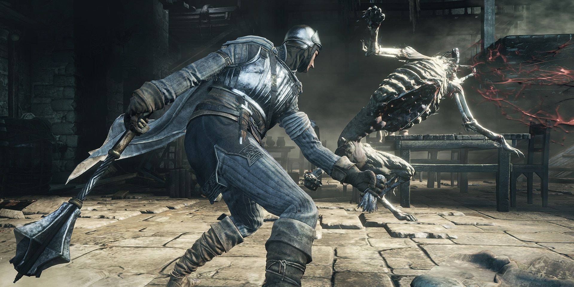 A combat sequence where the player knocks out a bony enemy in Dark Souls 3