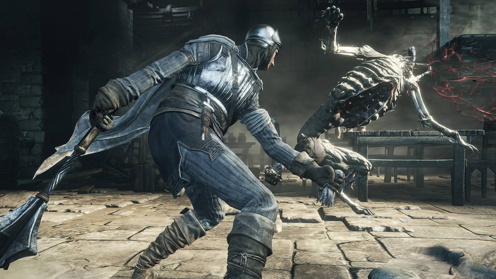 A combat sequence where the player knocks out a bony enemy in Dark Souls 3