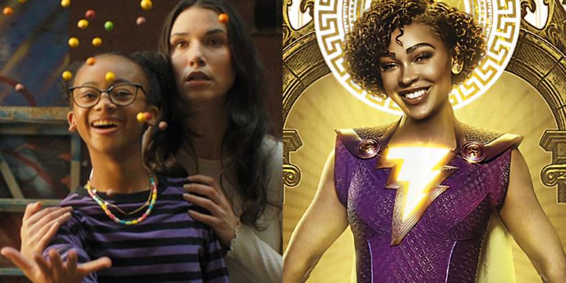 A split image features Darla as a child and in her superhero form in Shazam: Fury of the Gods