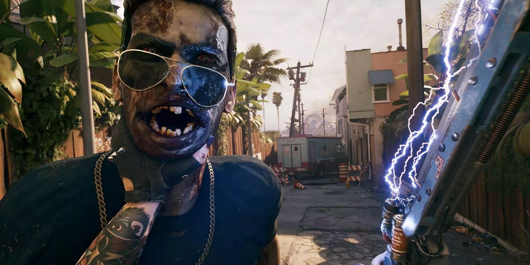 Image from Dead Island 2 showing a zombie in a chokehold.