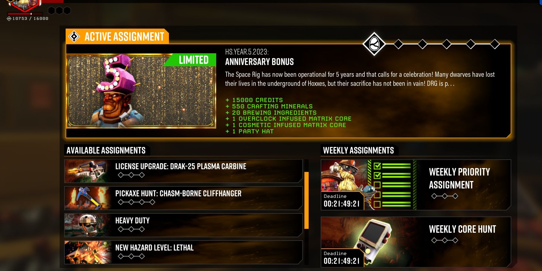 Deep Rock Galactic assignment for 5th Anniversary Bonus