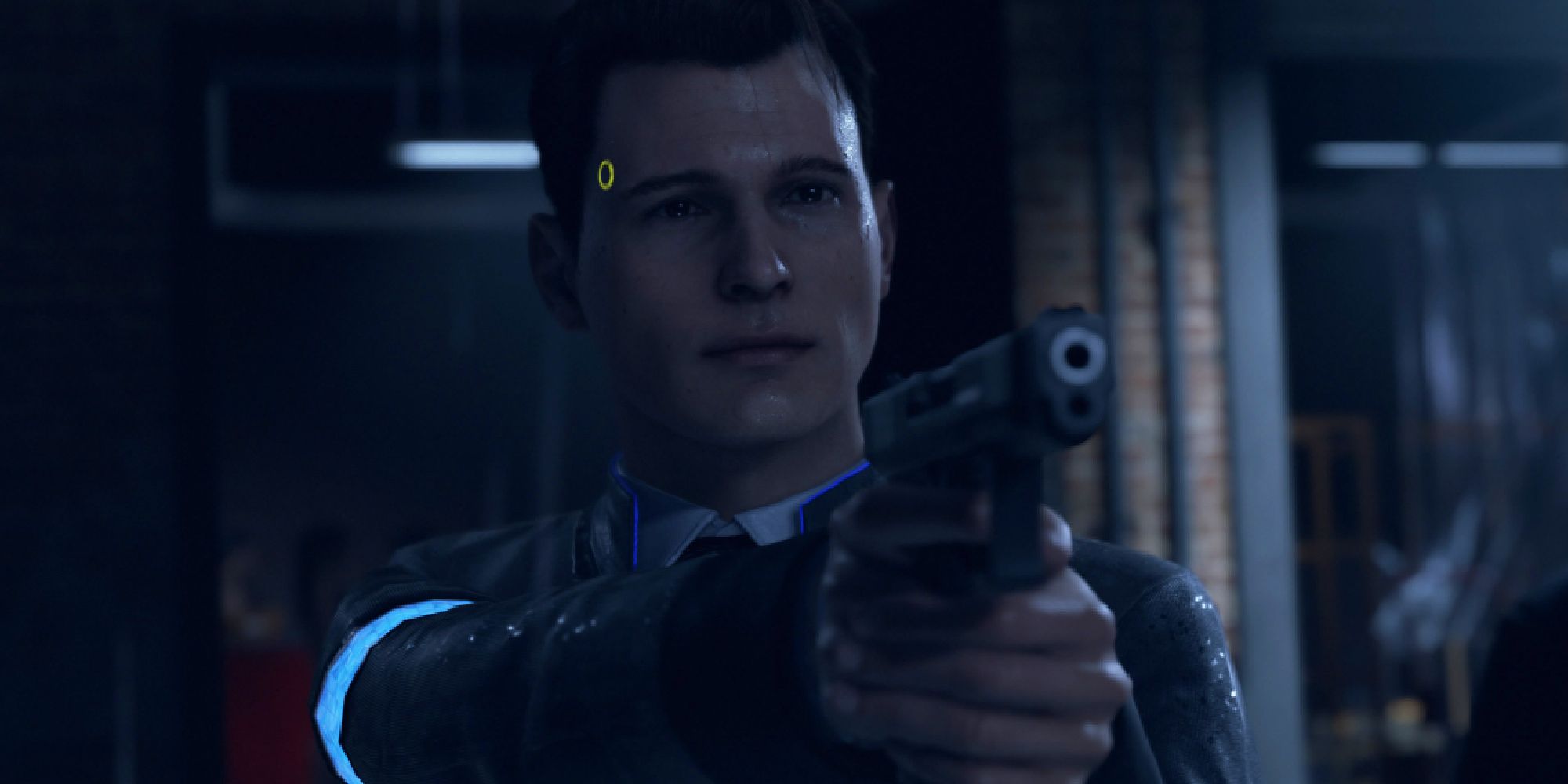 Connor pointing a gun at someone unseen, his expression neutral but the light on his temple yellow to represent his uncertain state of mind.
