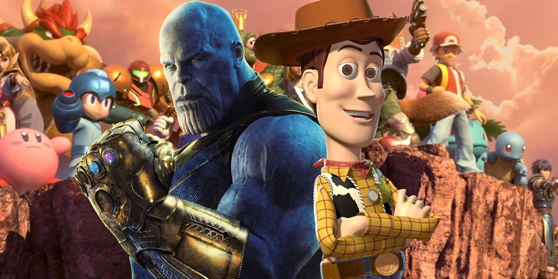 Images of Thanos and Woody standing in front of the cast of Super Smash Bros.