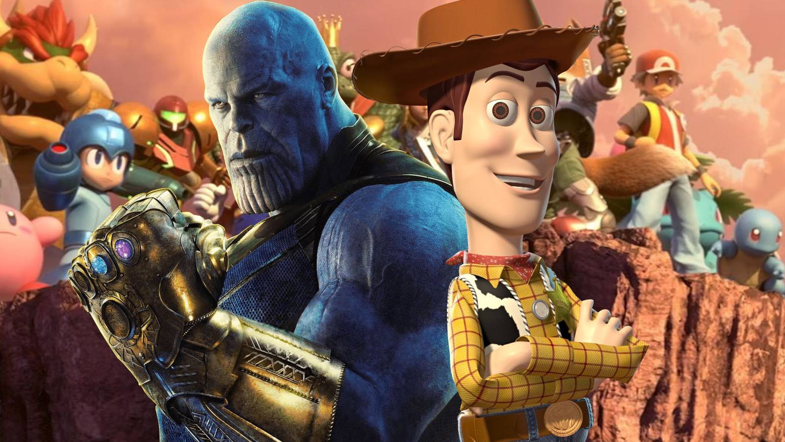 Images of Thanos and Woody standing in front of the cast of Super Smash Bros.