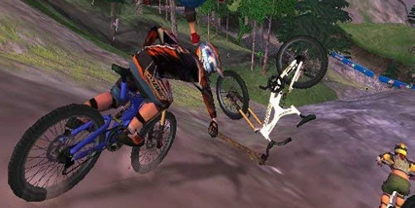 Biker punching a rider off their bike in Downhill Domination