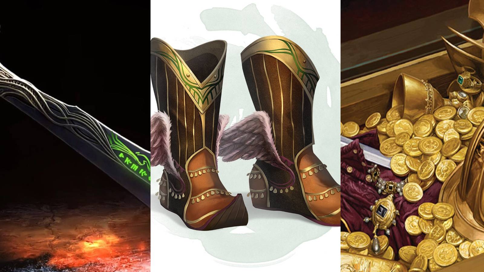 An enchated sword, magical winged boots and a chest full of treasured items feature in the spilt image.
