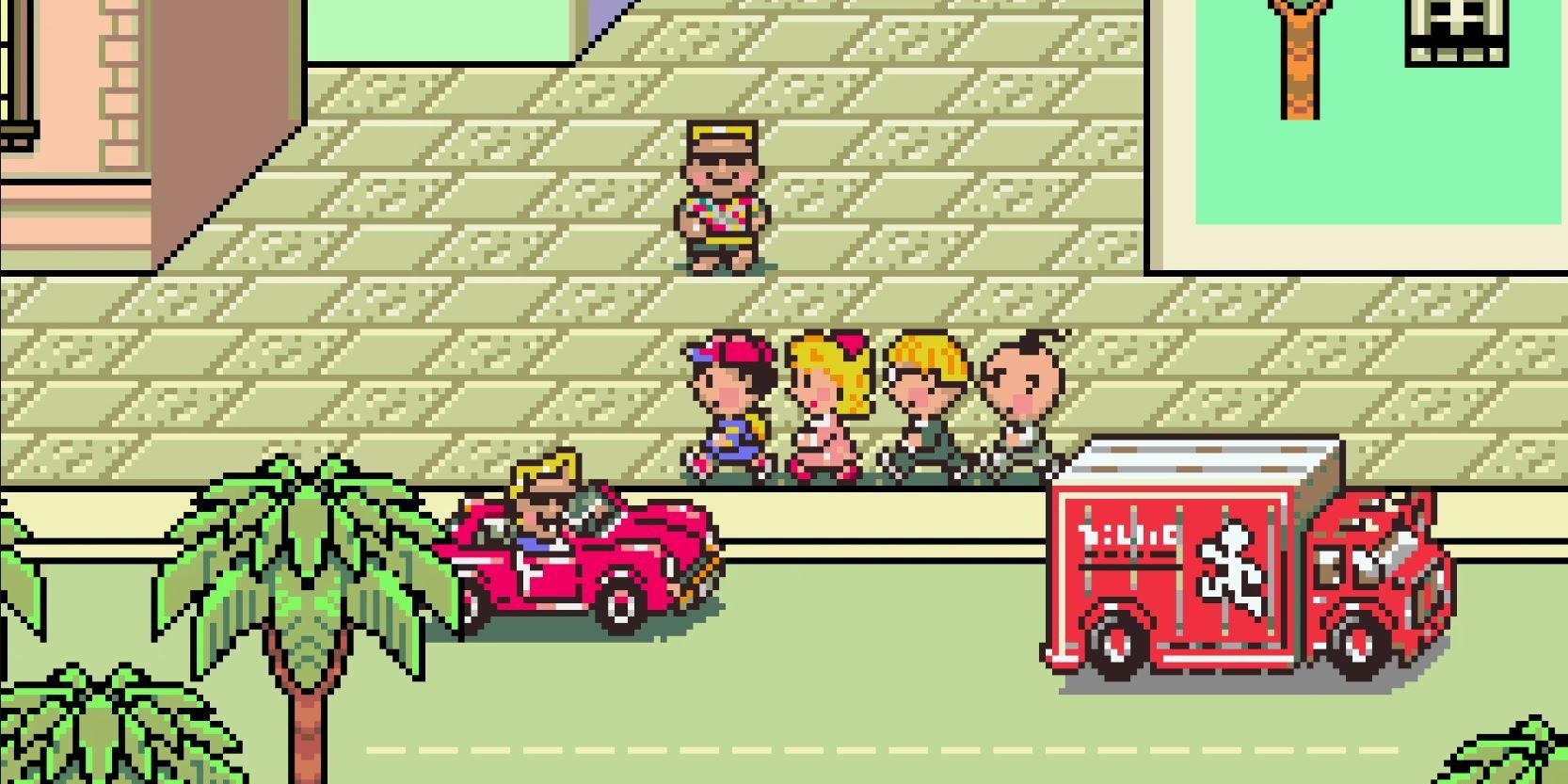 Ness and his friends walking in an area of EarthBound