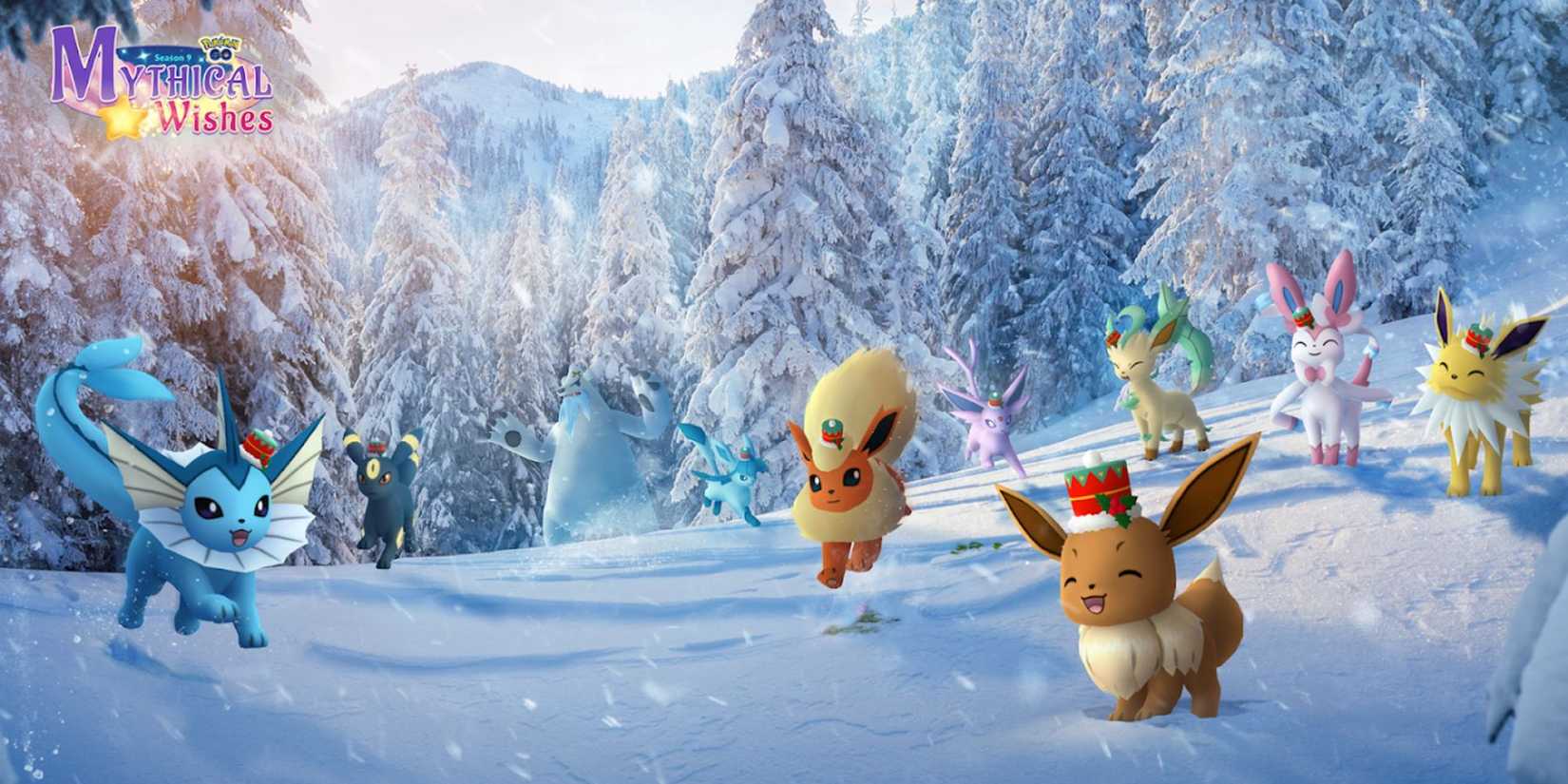image showing all eevee evolutions wearing the holiday hat in pokemon go.