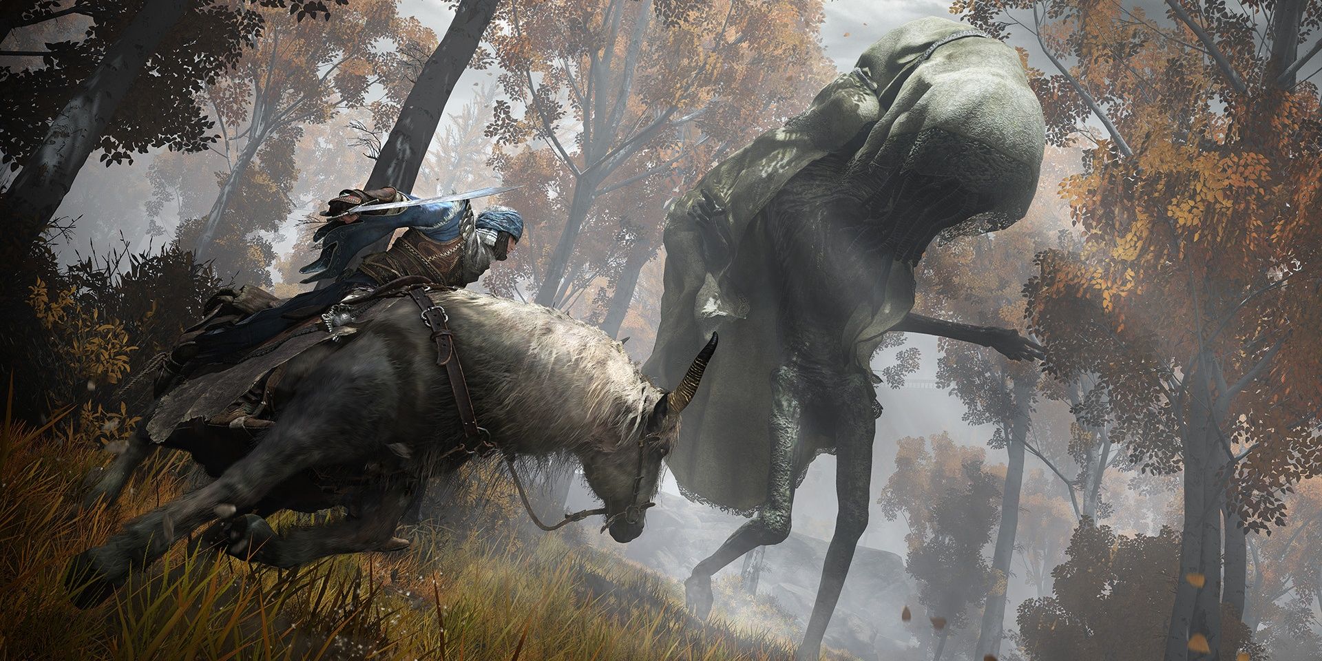A player riding Torrent into a battle with a giant creature in Elden Ring