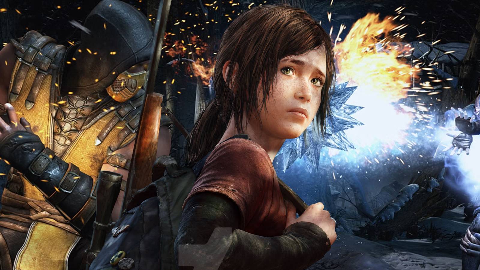 An image of Scorpion and Sub-Zero from Mortal Kombat battling behind Ellie from The Last of Us.