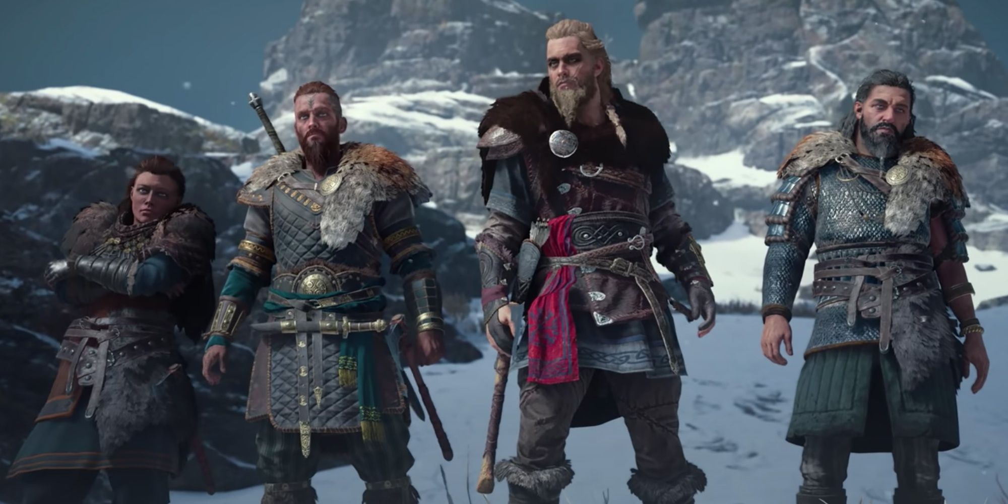 Elvor and three Vikings in Assassin's Creed Vahalla