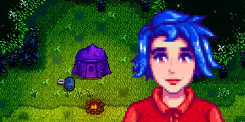 Emily blushing in front of a tent in the secret woods