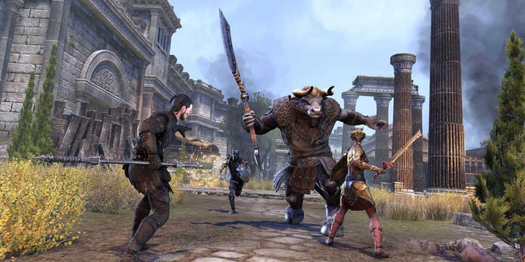 Elder Scrolls Online minotaur fighting group at Black Drake Villa