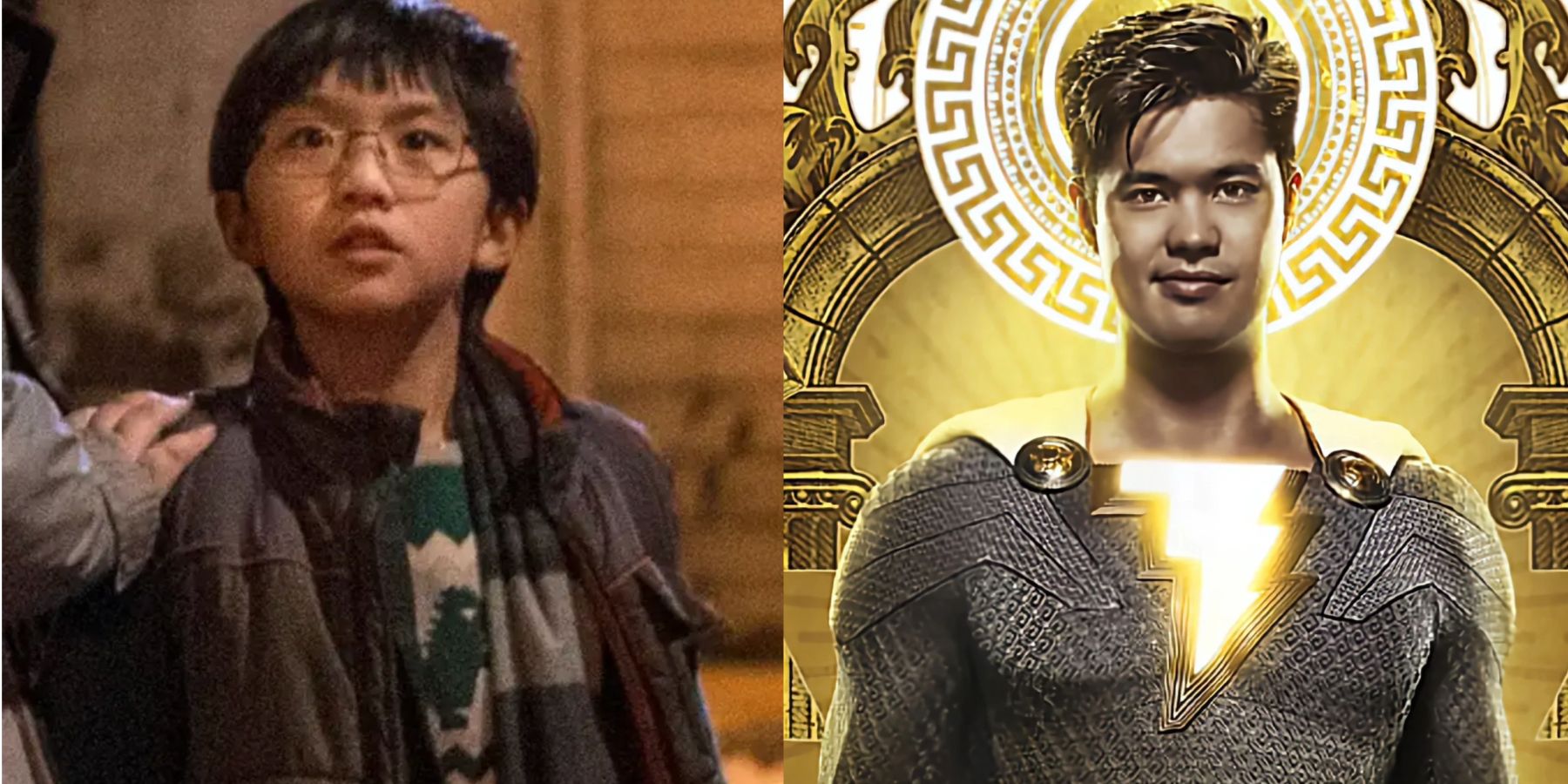 A split image features Eugene as a child and in his superhero form in Shazam: Fury of the Gods