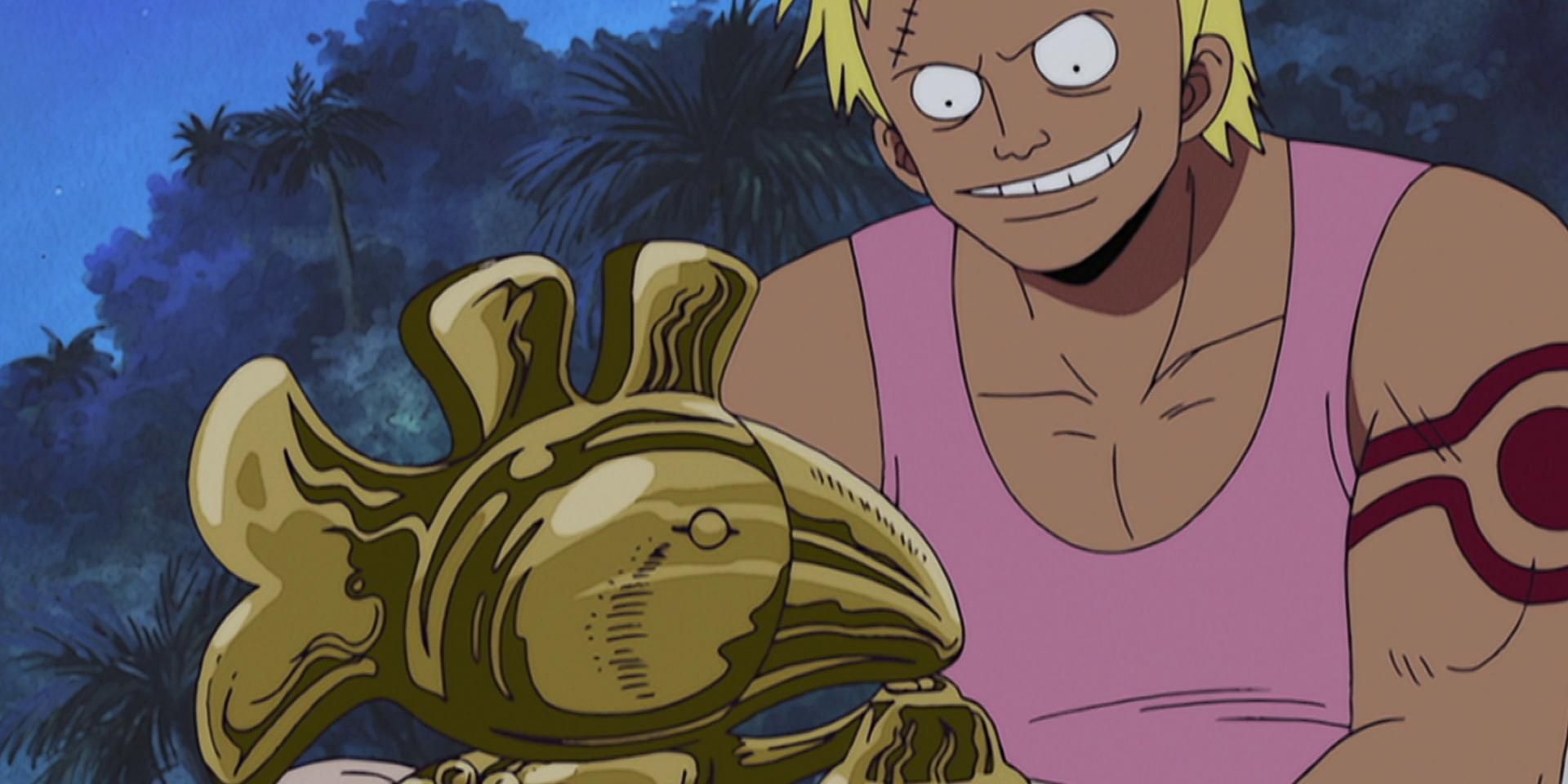 Bellamy From One Piece Holding A Gold Artifact