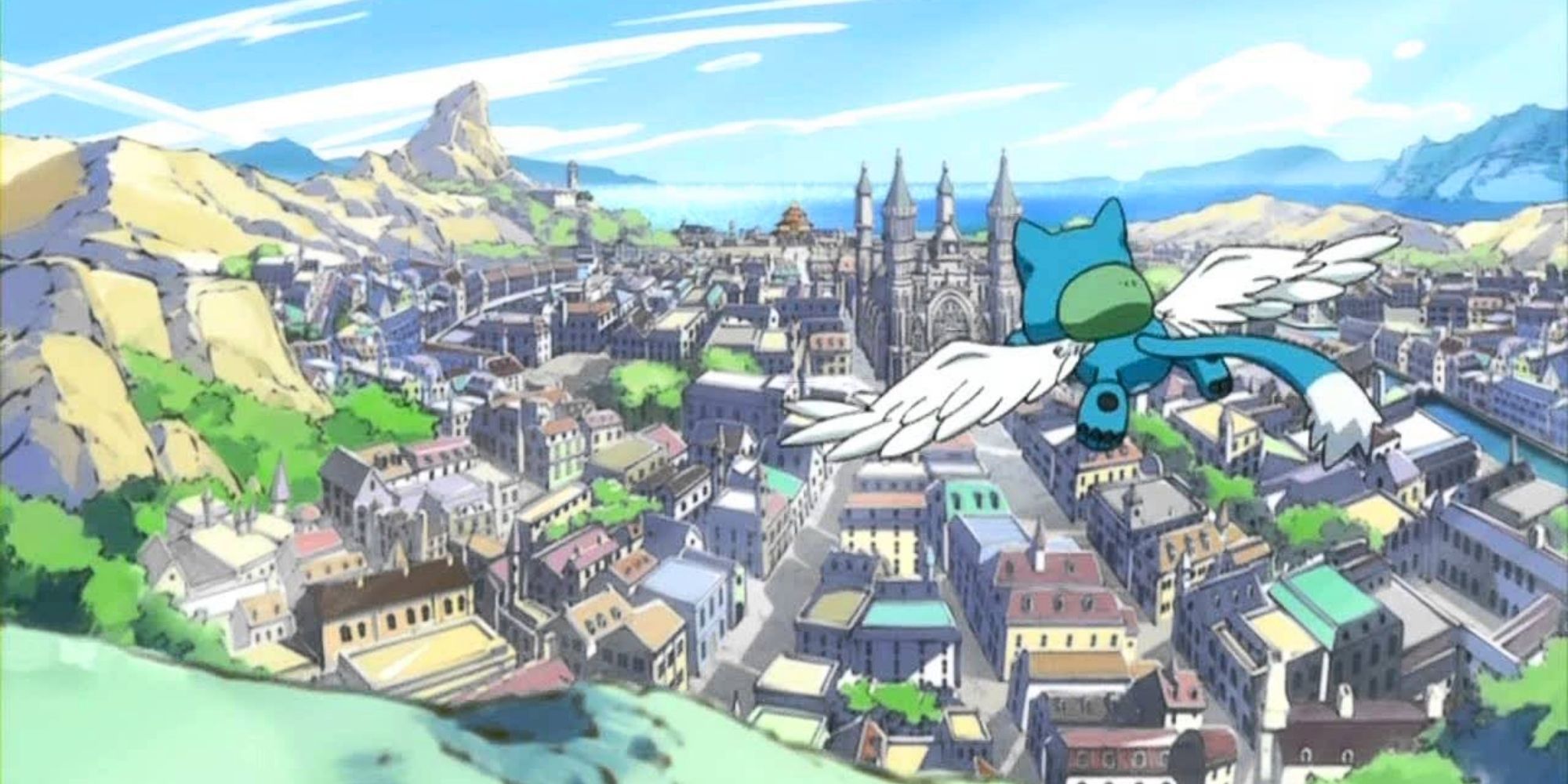 Fairy Tail happy flying over magnolia, birds eye view