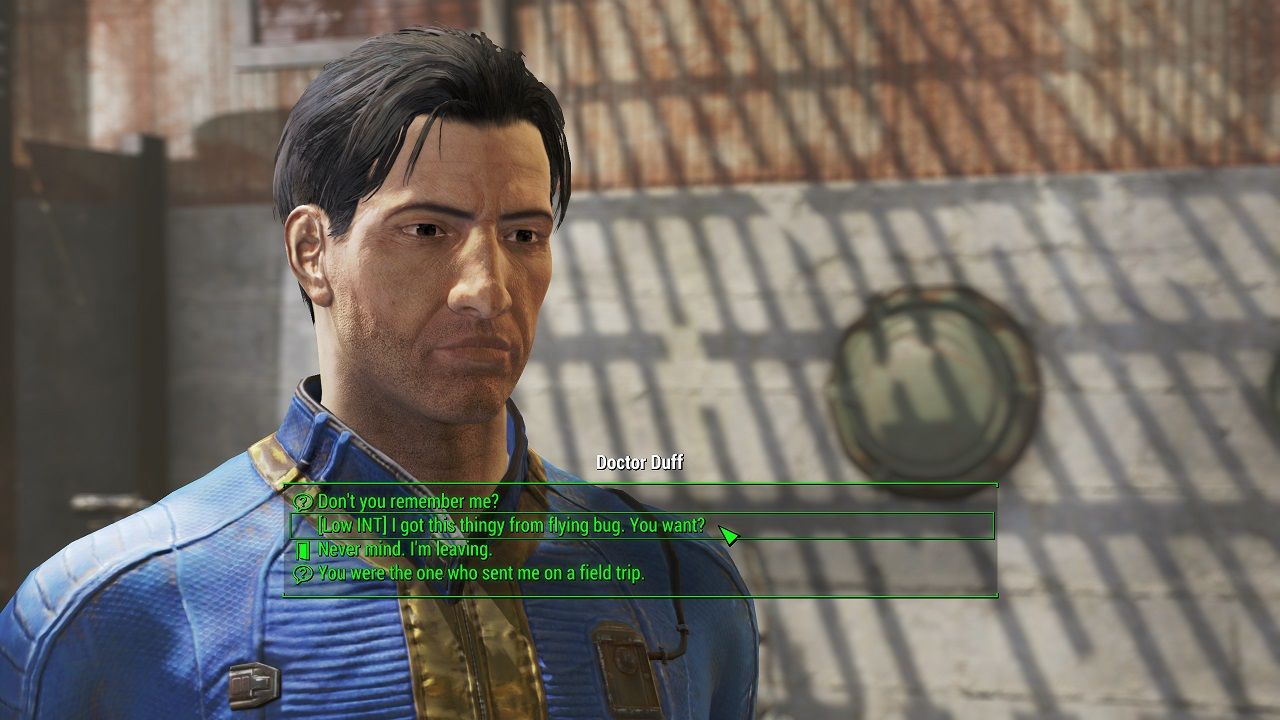 Image from Fallout 4 showing the Sole Survivor with a series of dialog options.